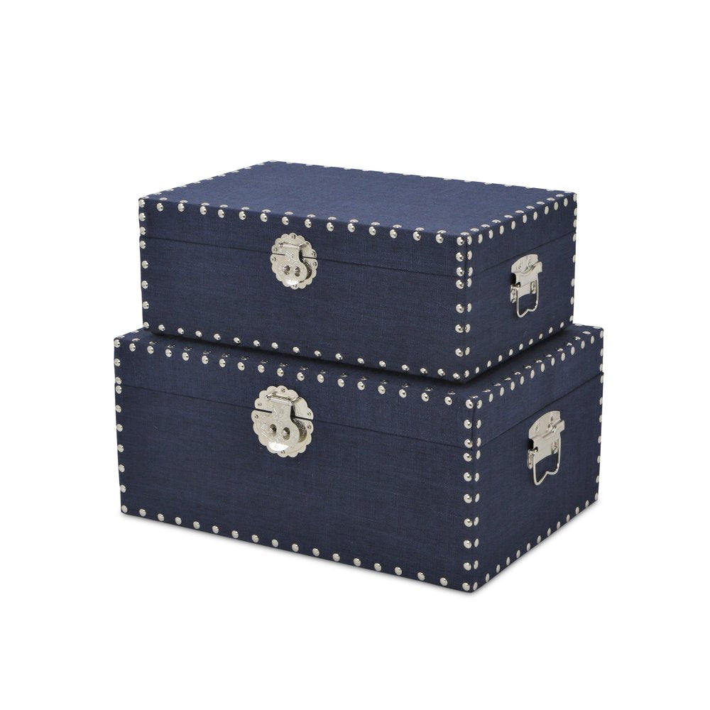 Set of Two Navy Blue Nesting Wood Fabric And Metal Organizing Box With Lid HomeRoots