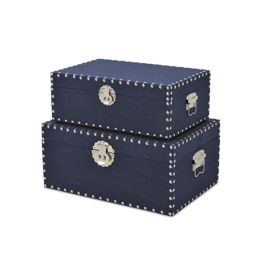 Set of Two Navy Blue Nesting Wood Fabric And Metal Organizing Box With Lid HomeRoots