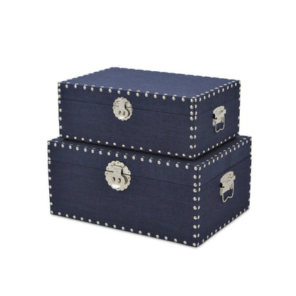 Set of Two Navy Blue Nesting Wood Fabric And Metal Organizing Box With Lid HomeRoots