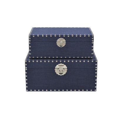 Set of Two Navy Blue Nesting Wood Fabric And Metal Organizing Box With Lid HomeRoots