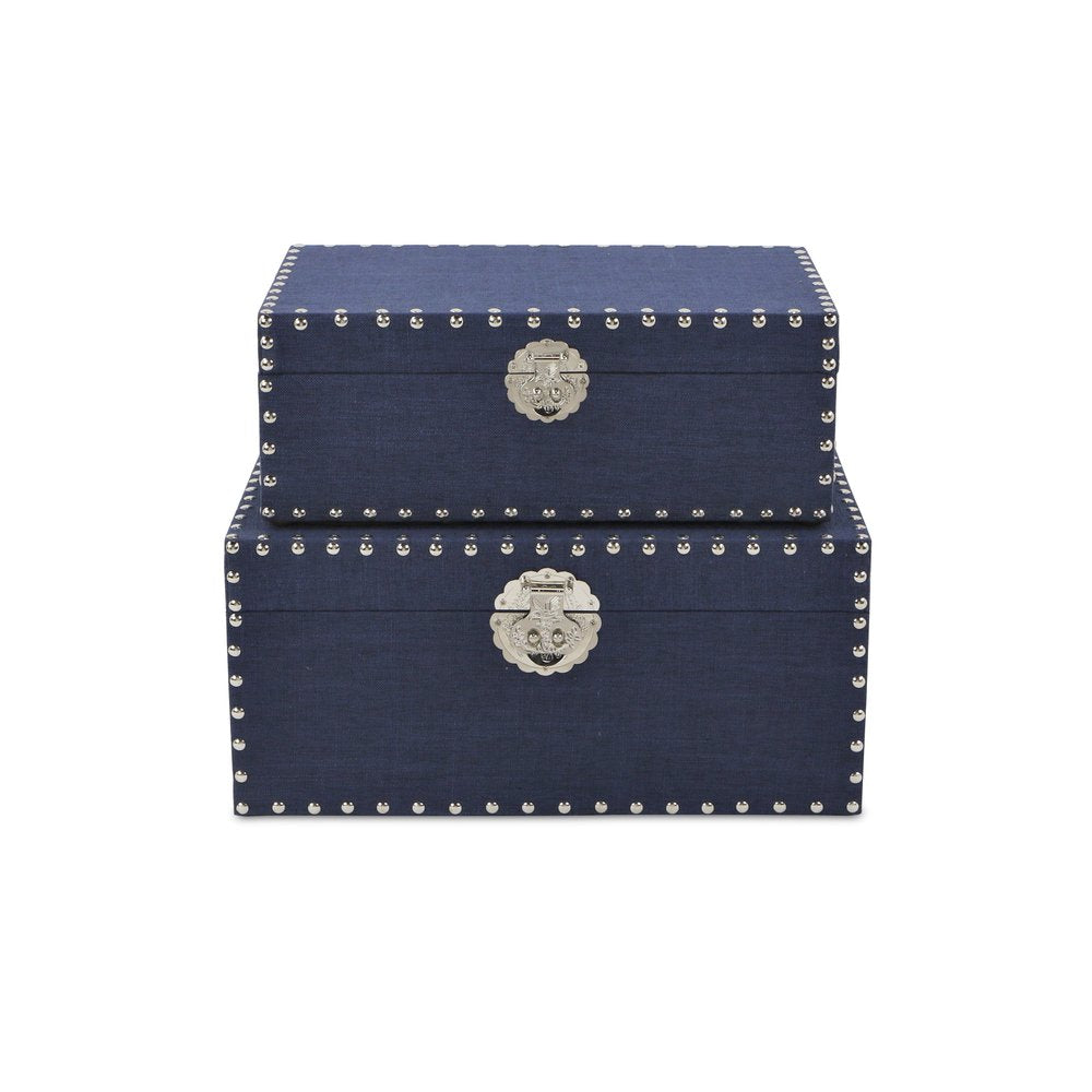 Set of Two Navy Blue Nesting Wood Fabric And Metal Organizing Box With Lid HomeRoots