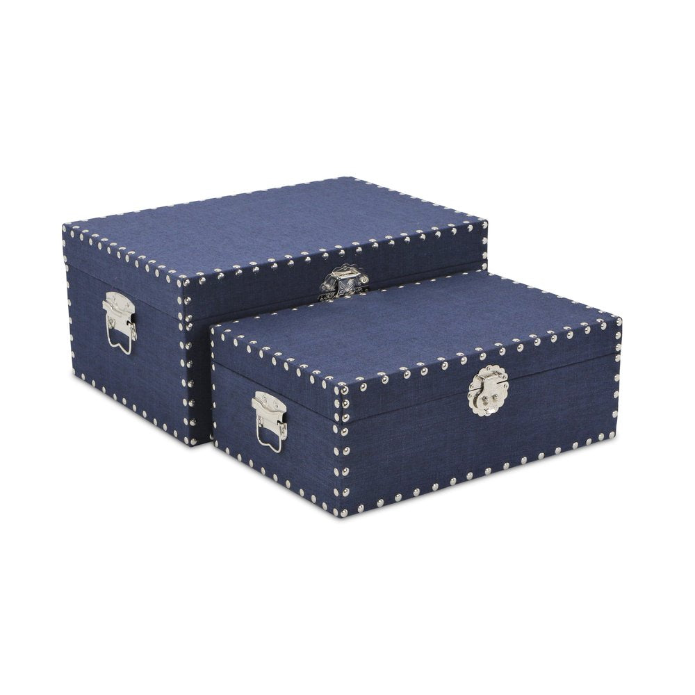 Set of Two Navy Blue Nesting Wood Fabric And Metal Organizing Box With Lid HomeRoots