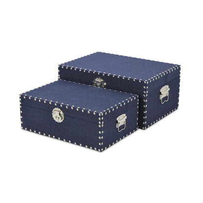 Set of Two Navy Blue Nesting Wood Fabric And Metal Organizing Box With Lid HomeRoots