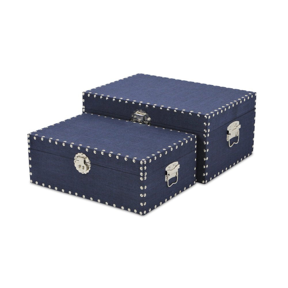 Set of Two Navy Blue Nesting Wood Fabric And Metal Organizing Box With Lid HomeRoots