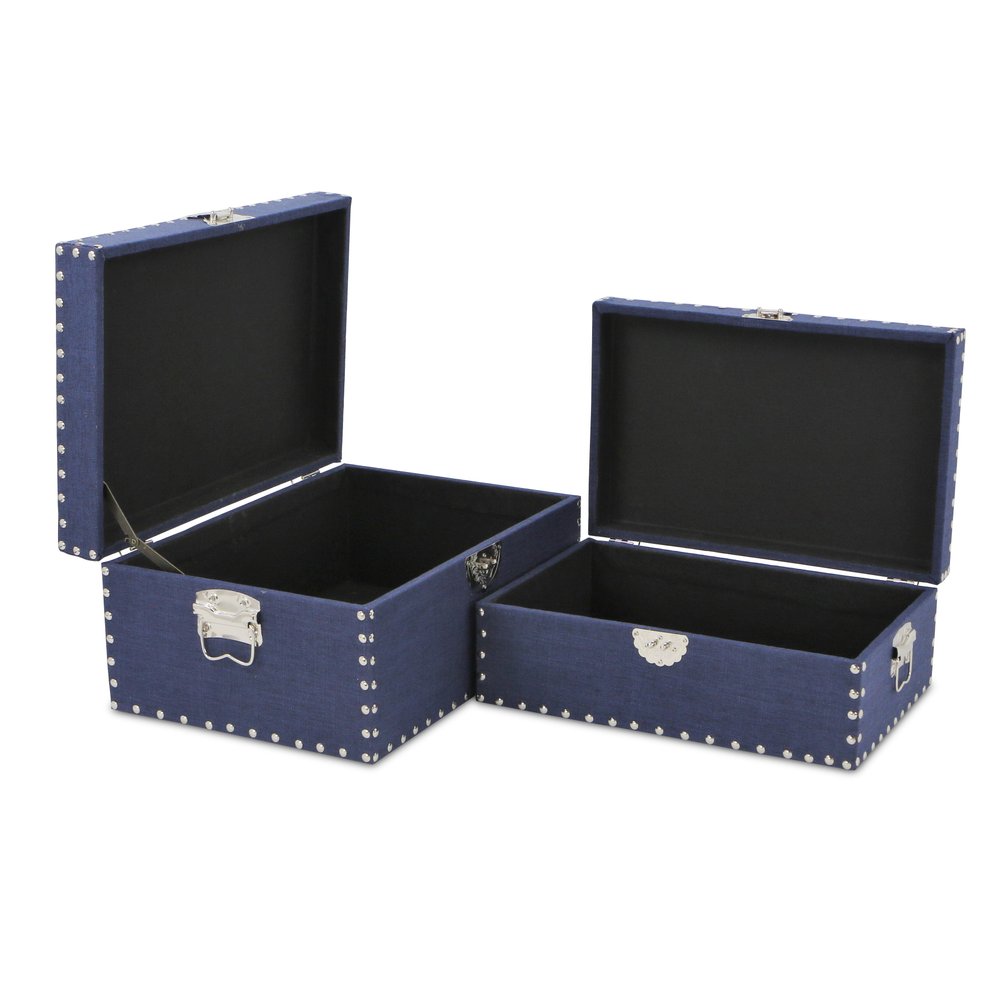 Set of Two Navy Blue Nesting Wood Fabric And Metal Organizing Box With Lid HomeRoots