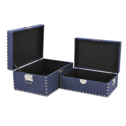 Set of Two Navy Blue Nesting Wood Fabric And Metal Organizing Box With Lid HomeRoots