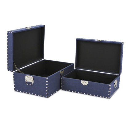 Set of Two Navy Blue Nesting Wood Fabric And Metal Organizing Box With Lid HomeRoots