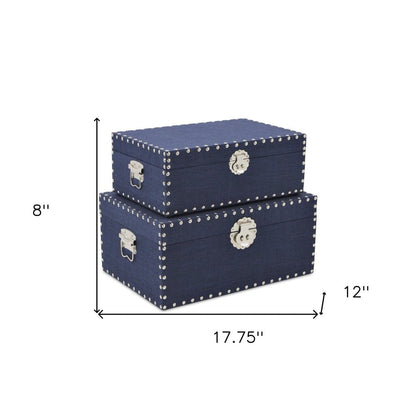 Set of Two Navy Blue Nesting Wood Fabric And Metal Organizing Box With Lid HomeRoots