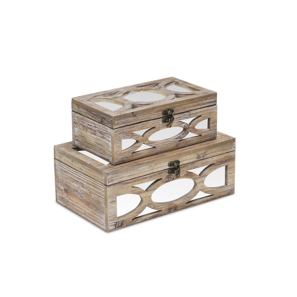 Set of Two Natural And White Nesting Solid Wood And Mirrored Glass Organizing Box With Lid HomeRoots