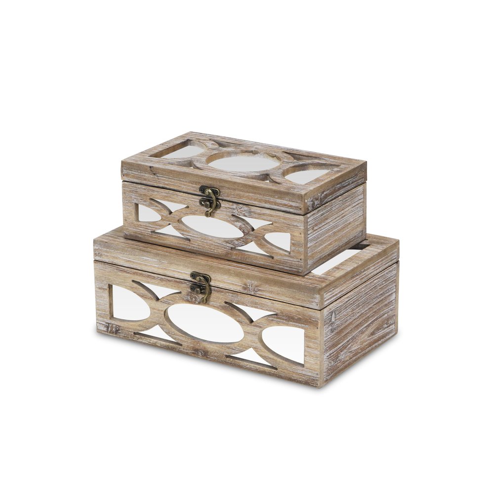 Set of Two Natural And White Nesting Solid Wood And Mirrored Glass Organizing Box With Lid HomeRoots