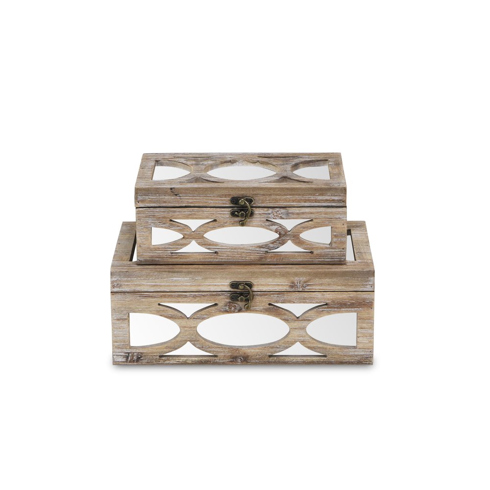 Set of Two Natural And White Nesting Solid Wood And Mirrored Glass Organizing Box With Lid HomeRoots