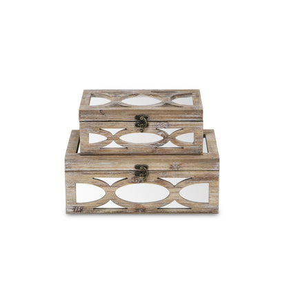 Set of Two Natural And White Nesting Solid Wood And Mirrored Glass Organizing Box With Lid HomeRoots