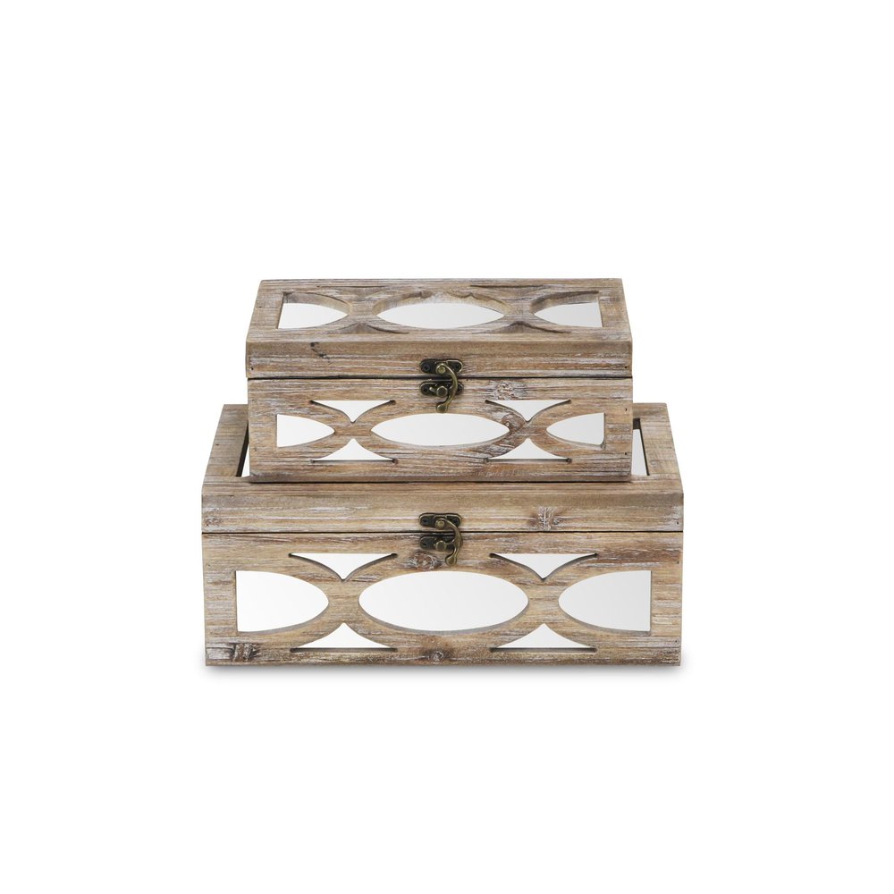 Set of Two Natural And White Nesting Solid Wood And Mirrored Glass Organizing Box With Lid HomeRoots