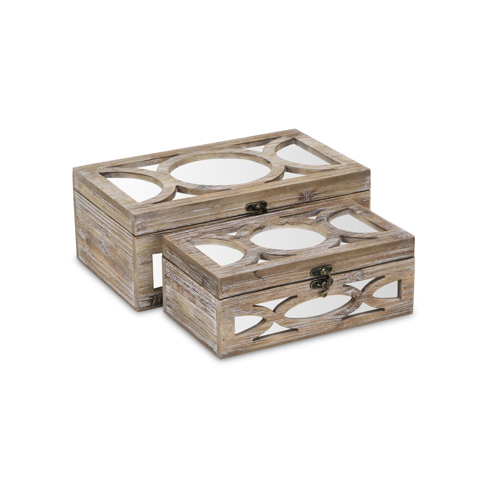 Set of Two Natural And White Nesting Solid Wood And Mirrored Glass Organizing Box With Lid HomeRoots