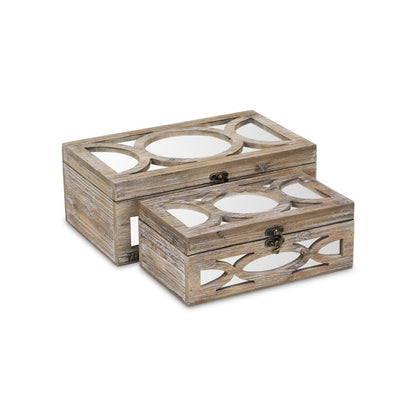 Set of Two Natural And White Nesting Solid Wood And Mirrored Glass Organizing Box With Lid HomeRoots