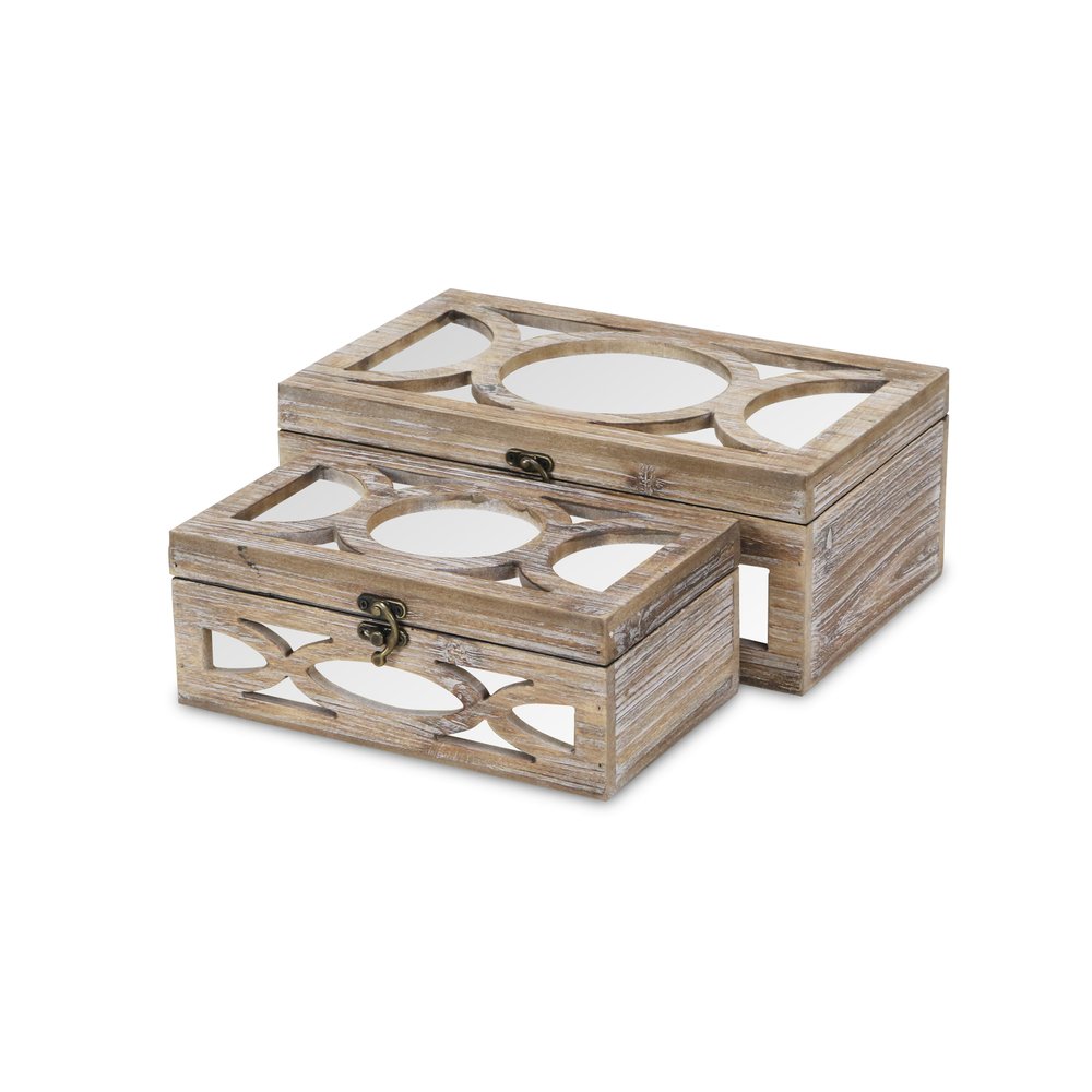 Set of Two Natural And White Nesting Solid Wood And Mirrored Glass Organizing Box With Lid HomeRoots