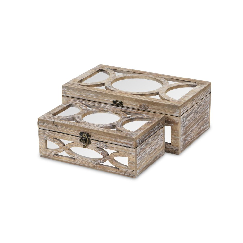 Set of Two Natural And White Nesting Solid Wood And Mirrored Glass Organizing Box With Lid HomeRoots