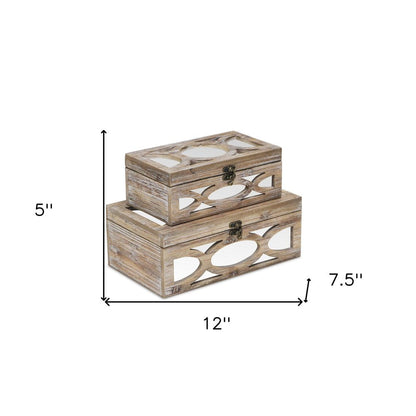 Set of Two Natural And White Nesting Solid Wood And Mirrored Glass Organizing Box With Lid HomeRoots