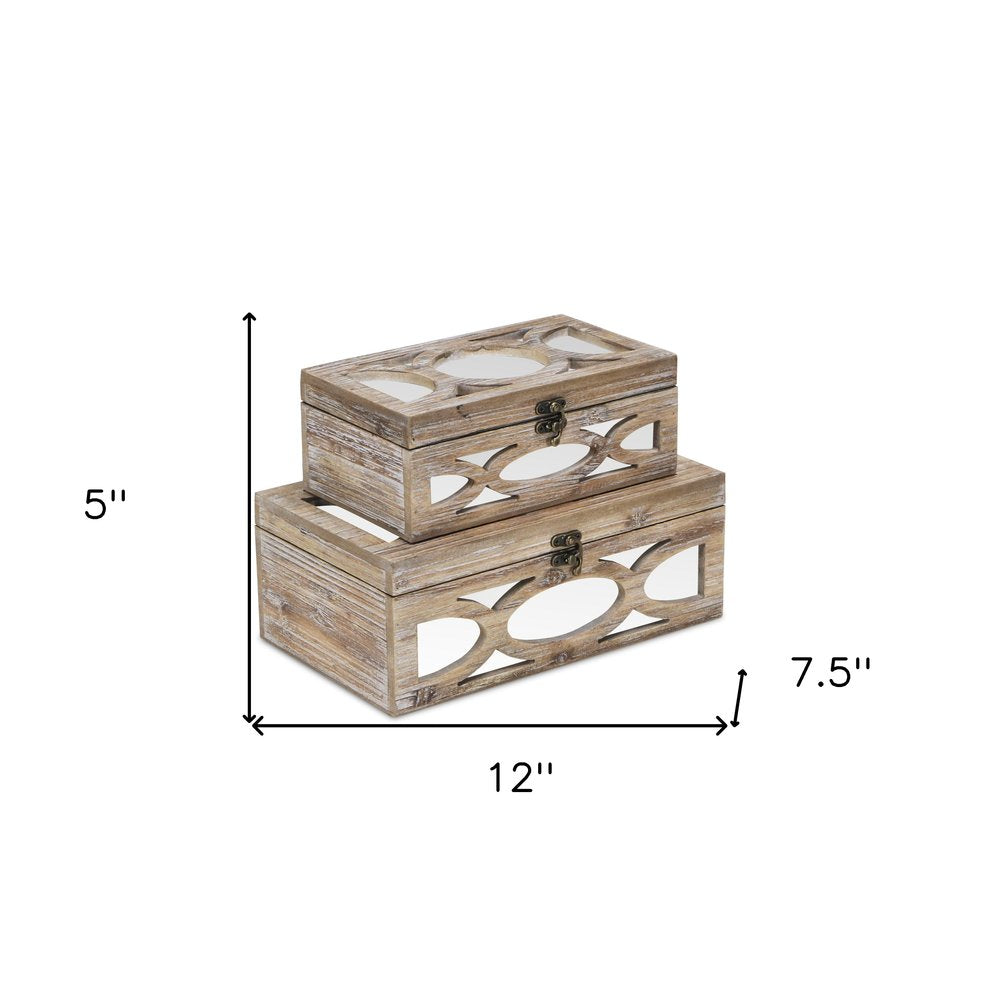 Set of Two Natural And White Nesting Solid Wood And Mirrored Glass Organizing Box With Lid HomeRoots