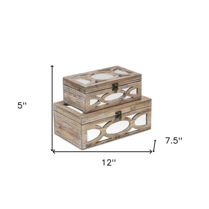 Set of Two Natural And White Nesting Solid Wood And Mirrored Glass Organizing Box With Lid HomeRoots