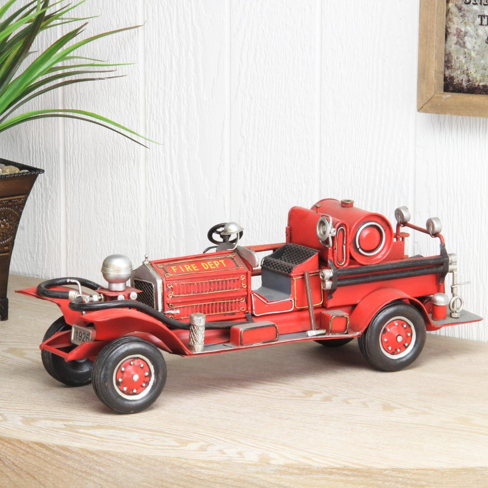 6" Red and Silver Metal Hand Painted 1920's Fire Truck Model Car HomeRoots
