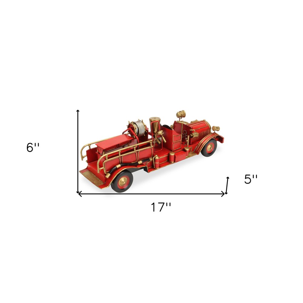 6" Red and Gold Metal Hand Painted Early 20th Century Red Fire Engine Model Car HomeRoots
