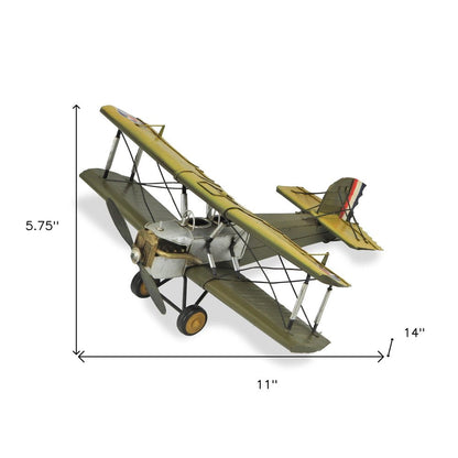 6" Yellow and Green Metal Hand Painted Model Airplane Tabletop Sculpture HomeRoots