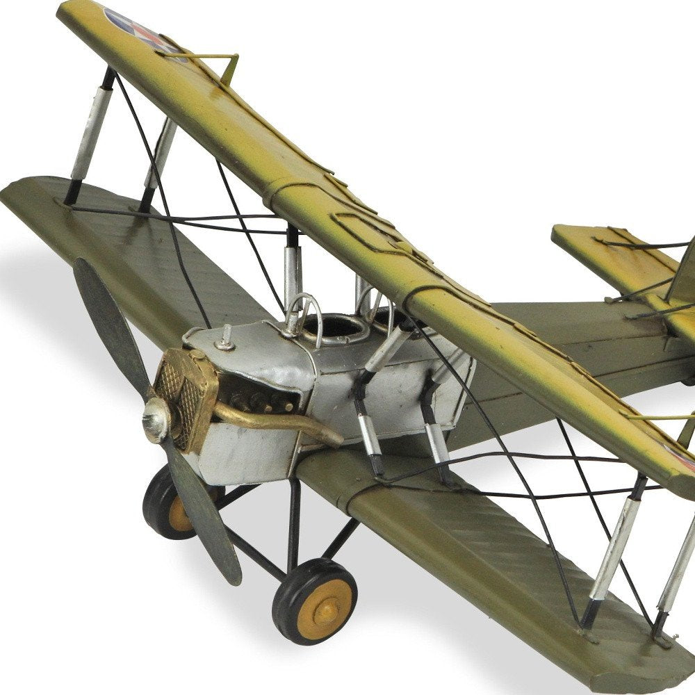 6" Yellow and Green Metal Hand Painted Model Airplane Tabletop Sculpture HomeRoots