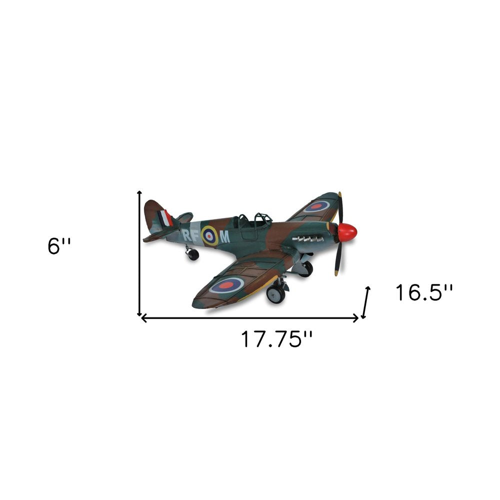 6" Green Metal Hand Painted 1940 Green and Brown Spit Fire Model Airplane HomeRoots