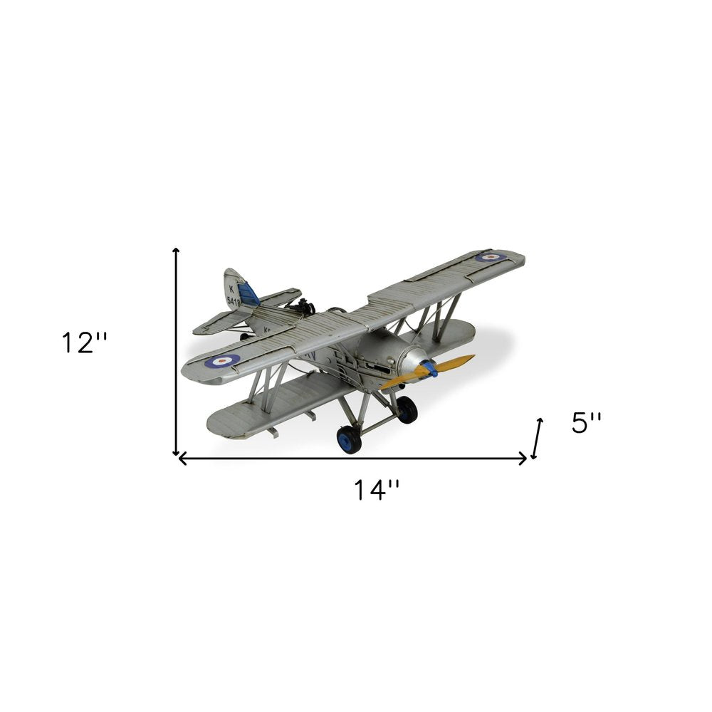 5" Blue and Gray Metal Hand Painted Model Airplane Tabletop Sculpture HomeRoots