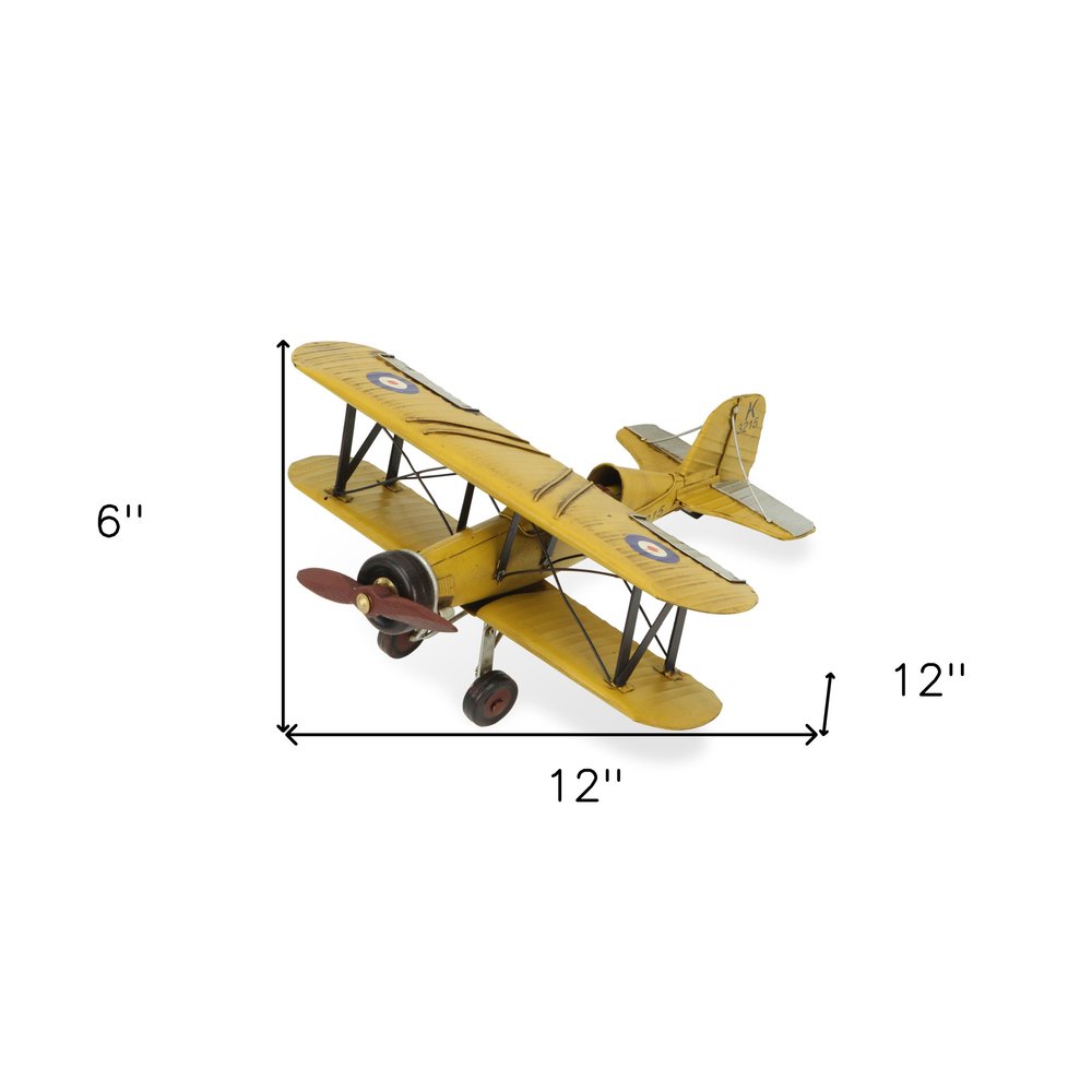 6" Yellow and Black Metal Hand Painted Model Airplane Tabletop Sculpture HomeRoots