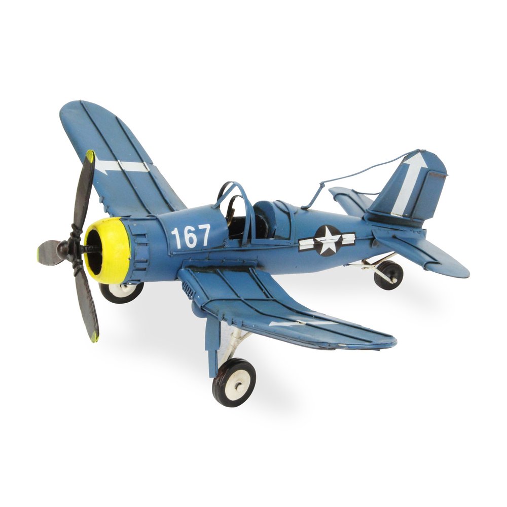 5" Blue and Yellow Metal Hand Painted Model Airplane Tabletop Sculpture HomeRoots