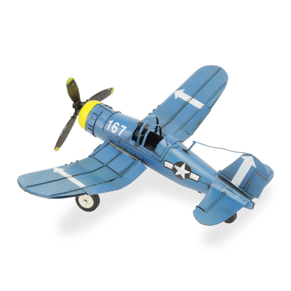 5" Blue and Yellow Metal Hand Painted Model Airplane Tabletop Sculpture HomeRoots