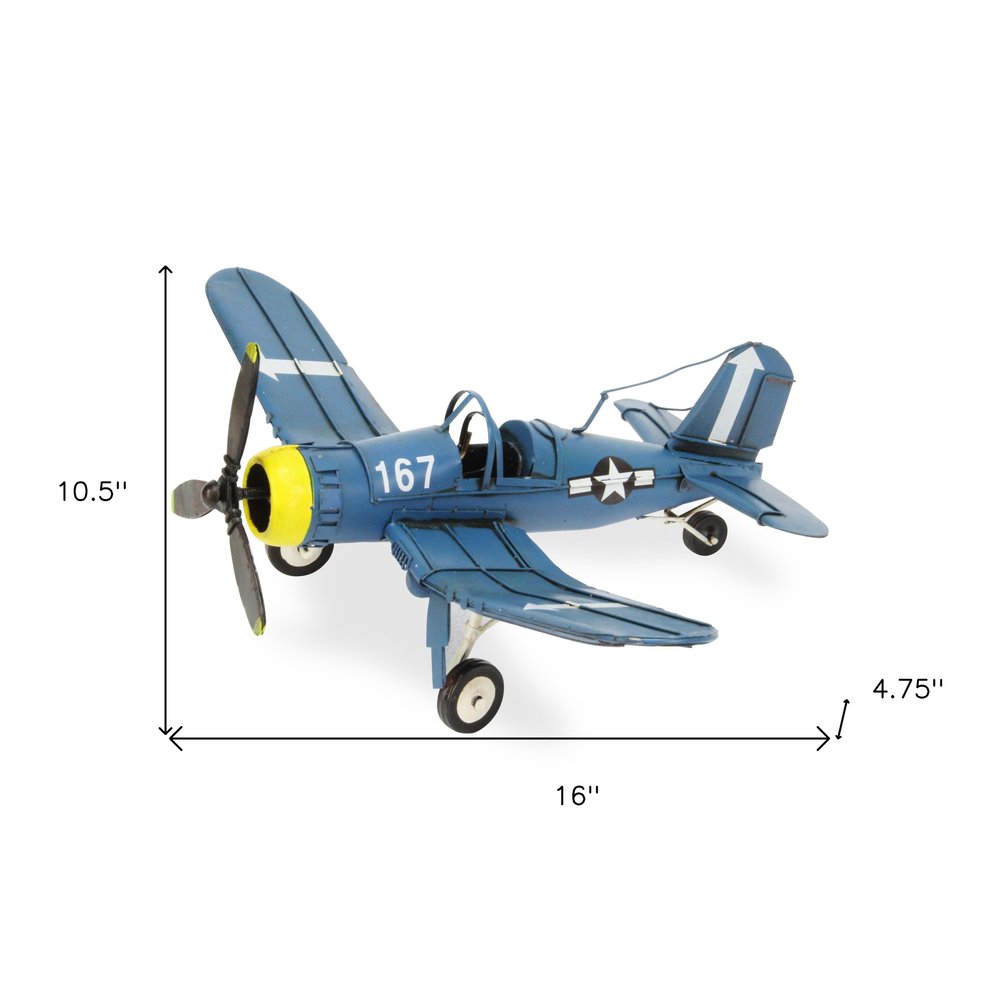 5" Blue and Yellow Metal Hand Painted Model Airplane Tabletop Sculpture HomeRoots