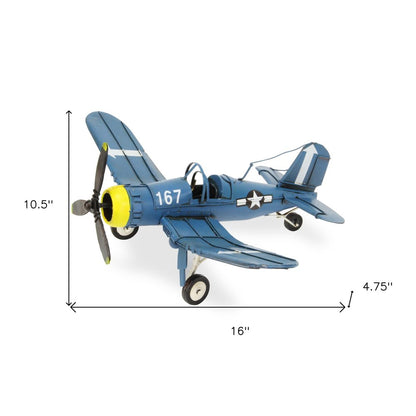 5" Blue and Yellow Metal Hand Painted Model Airplane Tabletop Sculpture HomeRoots