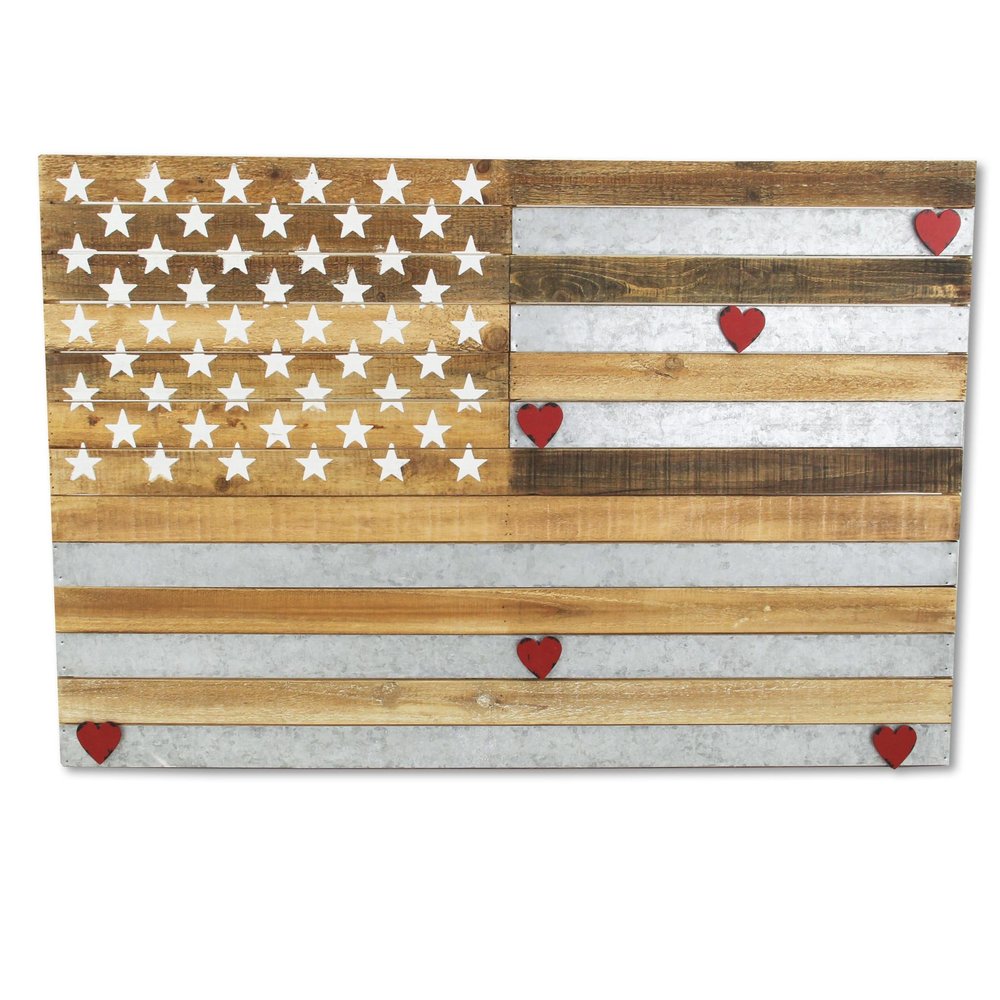 24" X 36" Brown and Gray Stars And Stripes Wood and Metal Hanging Dimensional Sculpture — view 1
