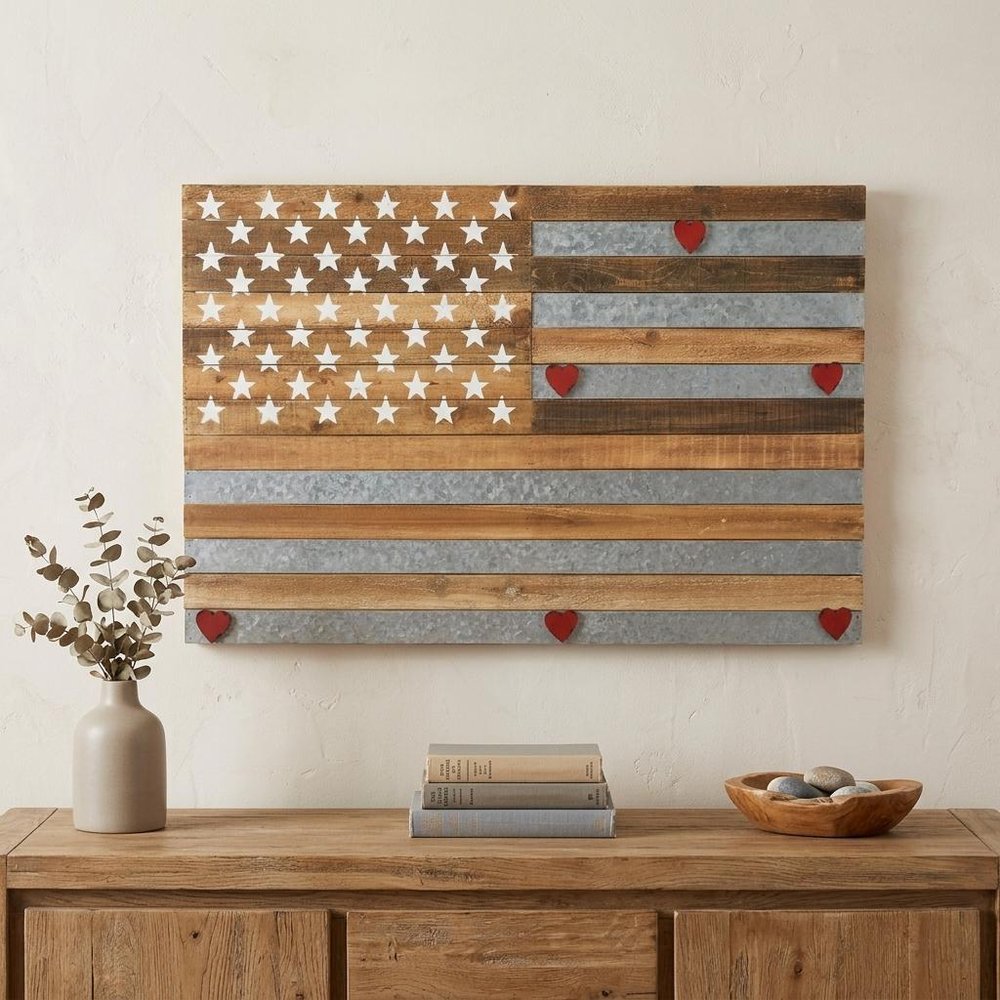 24" X 36" Brown and Gray Stars And Stripes Wood and Metal Hanging Dimensional Sculpture — view 5