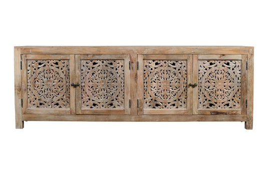 86" Natural Carved Floral Distressed Solid Wood Enclosed Storage TV Stand HomeRoots