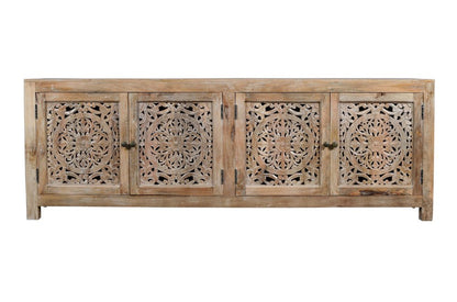86" Natural Carved Floral Distressed Solid Wood Enclosed Storage TV Stand HomeRoots