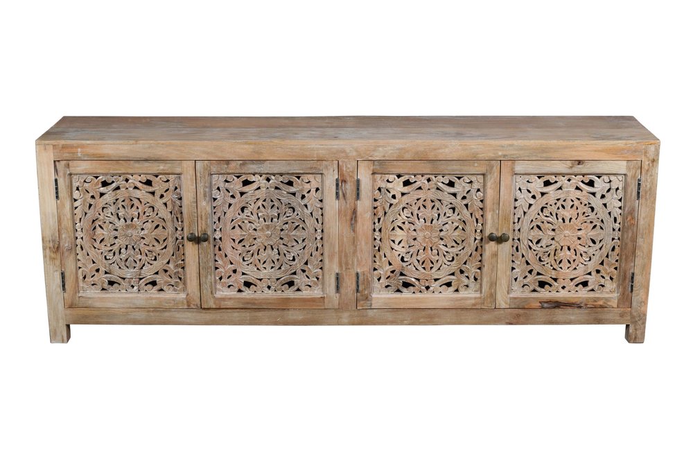 86" Natural Carved Floral Distressed Solid Wood Enclosed Storage TV Stand HomeRoots