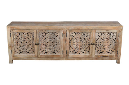86" Natural Carved Floral Distressed Solid Wood Enclosed Storage TV Stand HomeRoots