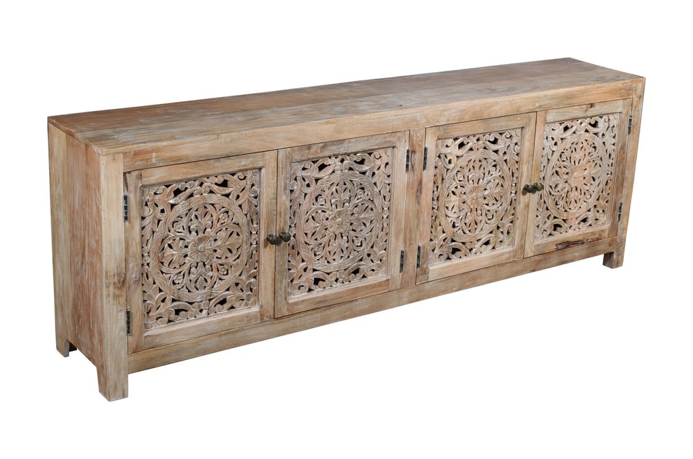 86" Natural Carved Floral Distressed Solid Wood Enclosed Storage TV Stand HomeRoots