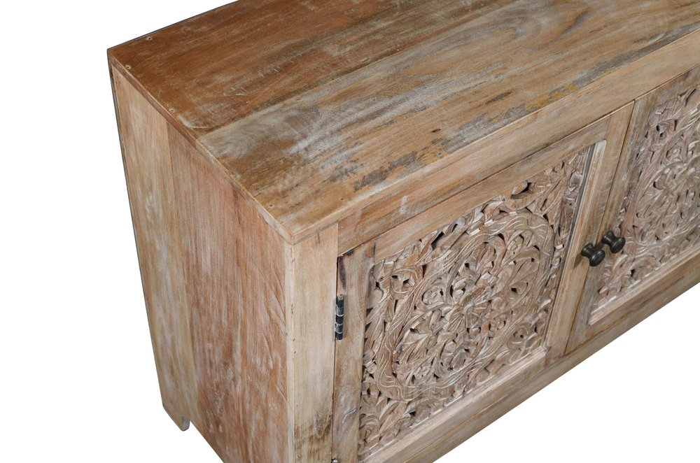 86" Natural Carved Floral Distressed Solid Wood Enclosed Storage TV Stand HomeRoots