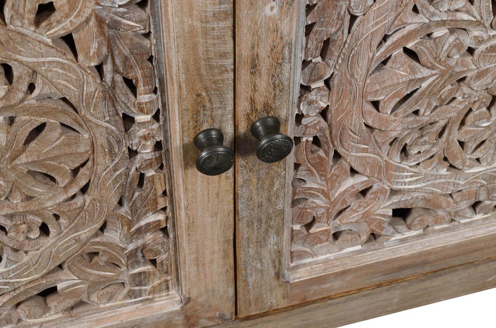 86" Natural Carved Floral Distressed Solid Wood Enclosed Storage TV Stand HomeRoots