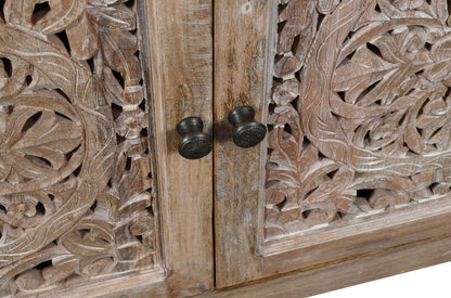 86" Natural Carved Floral Distressed Solid Wood Enclosed Storage TV Stand HomeRoots