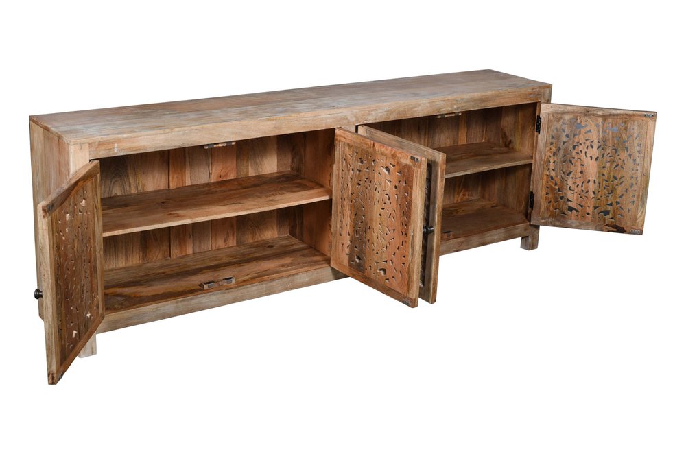 86" Natural Carved Floral Distressed Solid Wood Enclosed Storage TV Stand HomeRoots