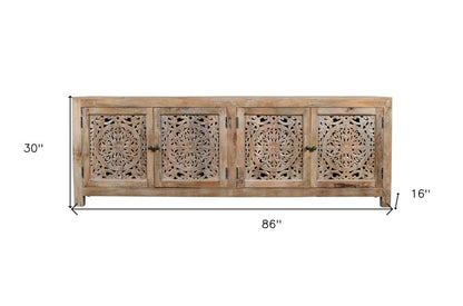 86" Natural Carved Floral Distressed Solid Wood Enclosed Storage TV Stand HomeRoots