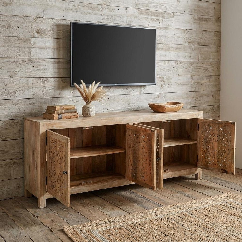86" Natural Carved Floral Distressed Solid Wood Enclosed Storage TV Stand HomeRoots
