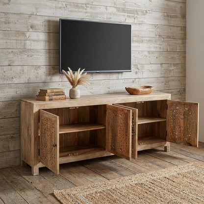 86" Natural Carved Floral Distressed Solid Wood Enclosed Storage TV Stand HomeRoots