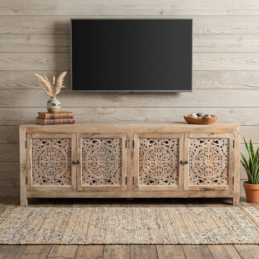 86" Natural Carved Floral Distressed Solid Wood Enclosed Storage TV Stand HomeRoots